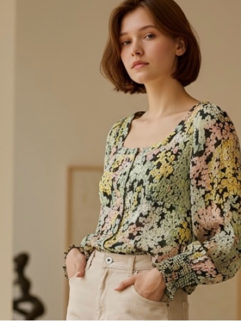 LOFT Floral Peplum Blouse Medium 100% Rayon | Long Sleeve Button Front Top